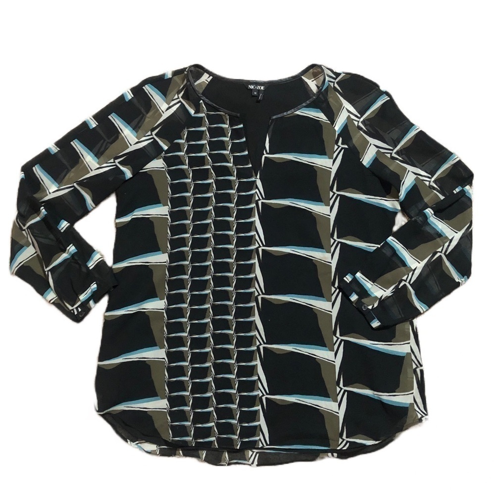 Nic+Zoe Leather Trim Black Green Blue Abstract Geo Print Tunic Top Medium